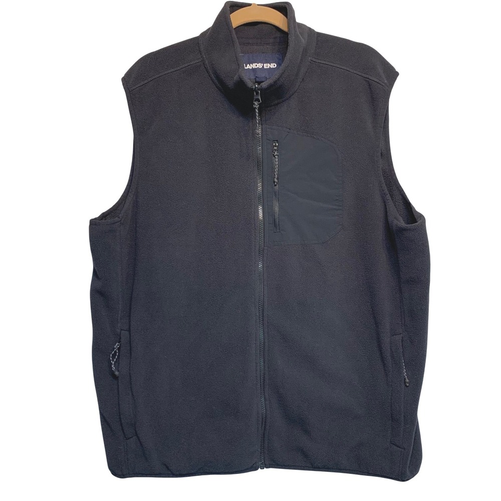 Lands' End Fleece Vest XL/T Black Full Zip Mens Pocket Gorpcore Preppy Golf